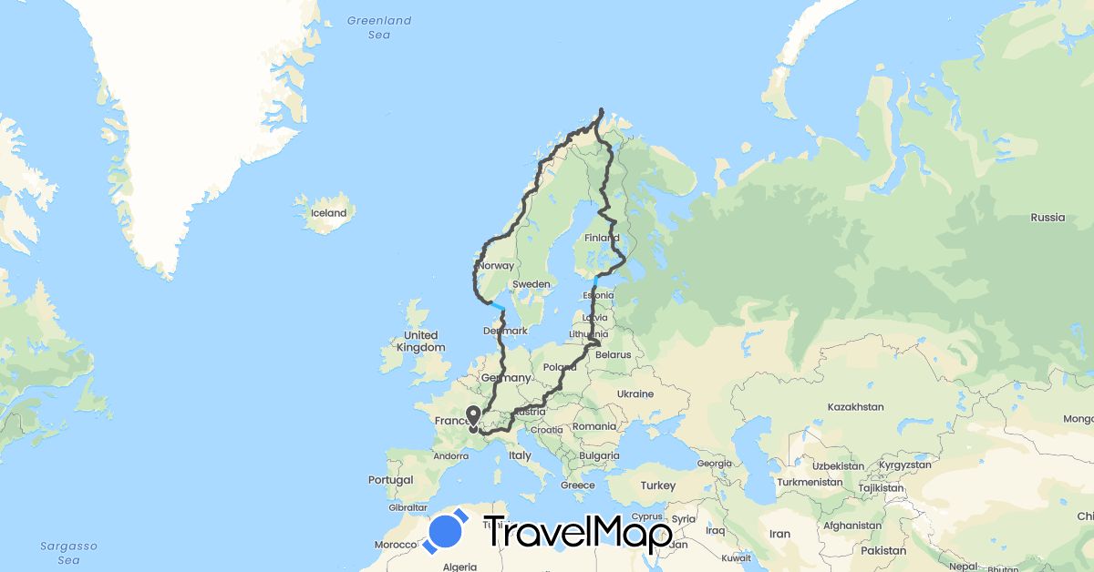 TravelMap itinerary: driving, boat, motorbike in Austria, Czech Republic, Germany, Denmark, Estonia, Finland, France, Italy, Lithuania, Latvia, Norway, Poland (Europe)