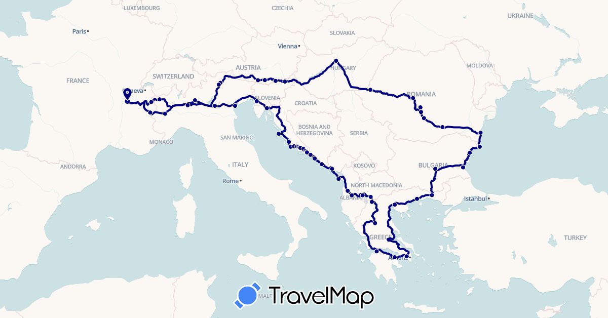 TravelMap itinerary: driving in Albania, Austria, Bosnia and Herzegovina, Bulgaria, France, Greece, Croatia, Hungary, Italy, Montenegro, Macedonia, Romania, Slovenia (Europe)